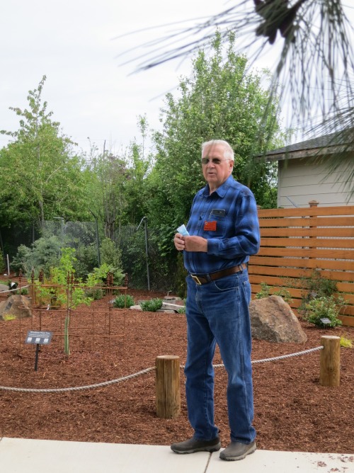 Bill Leedy standing on sidewalk in front of Peace Tree garden